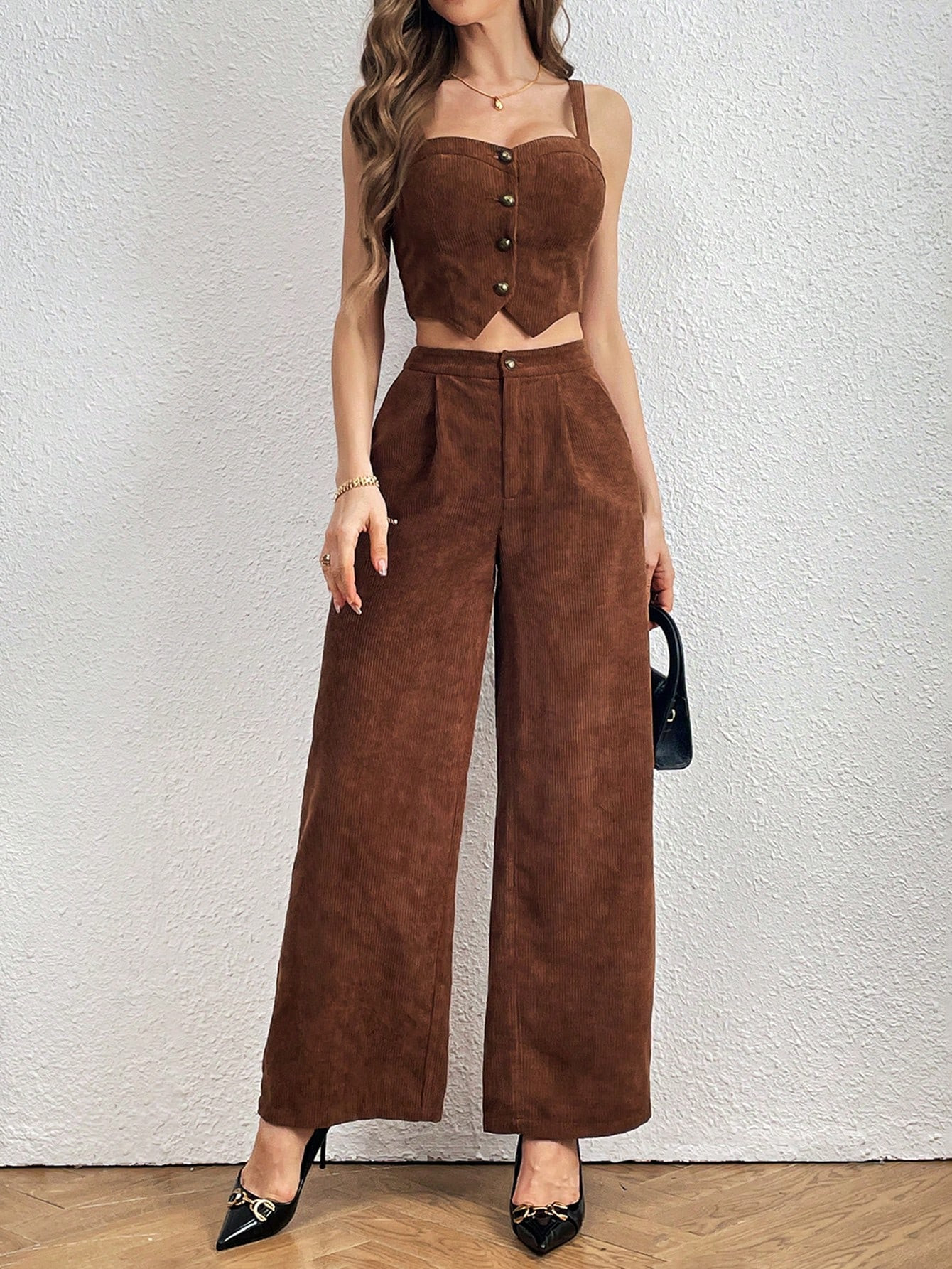 TrendsSHEIN Privé Women's Corduroy Button Up Camisole Top And Wide Leg Pants Two Pieces Set | SHEIN