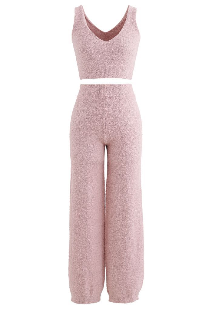 Fluffy Knit Crop Tank Top and Pants Set in Pink | Chicwish