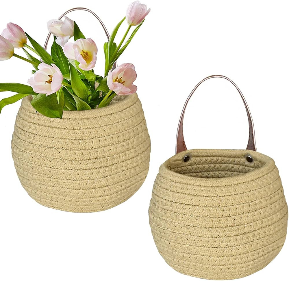 Set of 2 Jute Hanging Basket for Wall, Farmhouse Wall Basket Decor for Storage and Organizer,Deco... | Amazon (US)