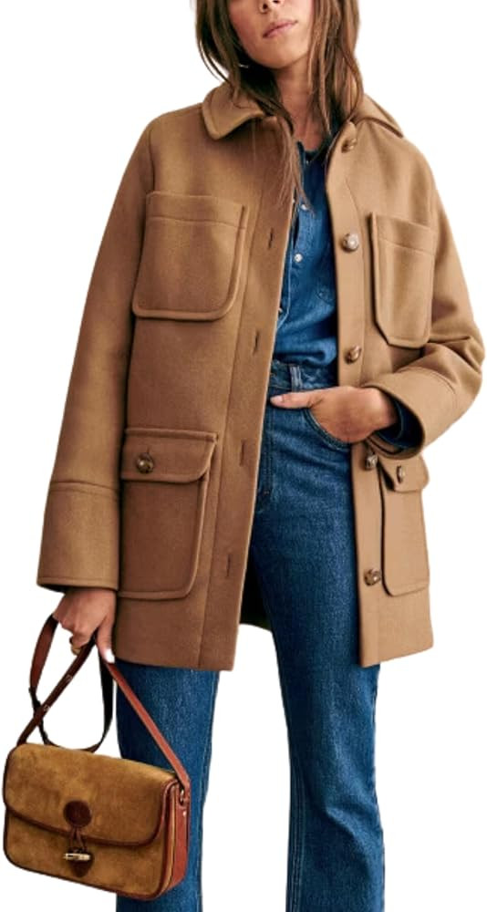 Omoone Womens 2024 Winter Elegant Wool Coat Mid Long Pea Coat Wool Blend Overcoat Jacket with Poc... | Amazon (US)