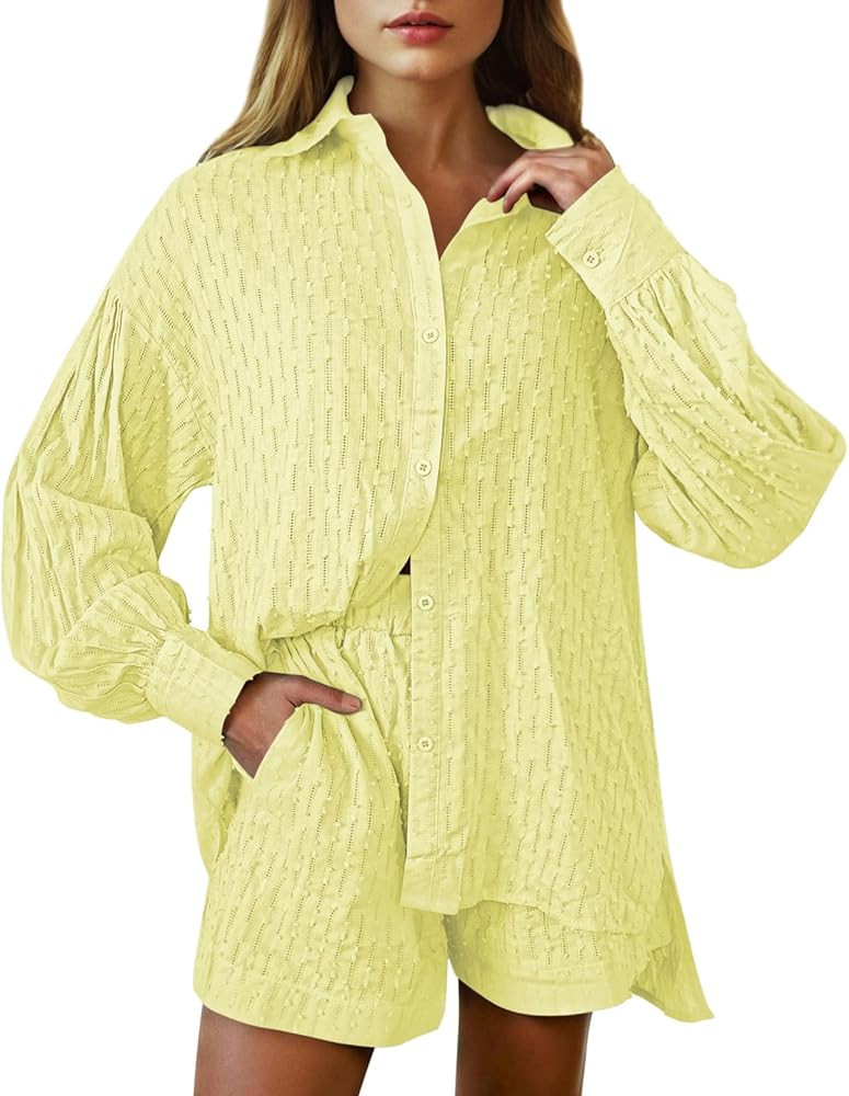 Meenew Women's 2 Piece Outfits Long Sleeve Button Down Shirts and Shorts Set Casual Lounge Set Sw... | Amazon (US)