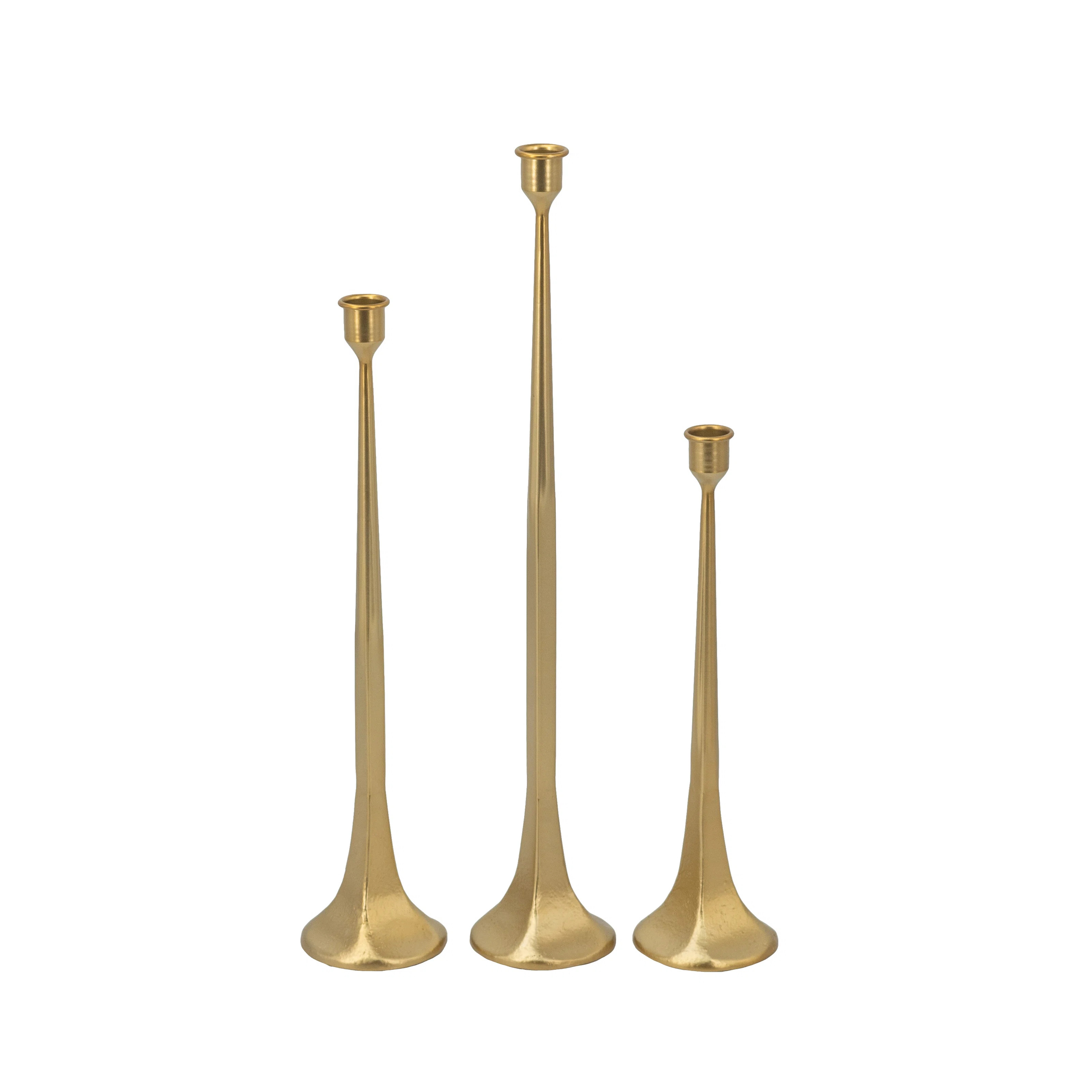 S/3 Gold Iron Candle Holders With Flared Bases L:d3.5X18.5" M:d3.5X15" S:d3.5X12" | Wayfair North America