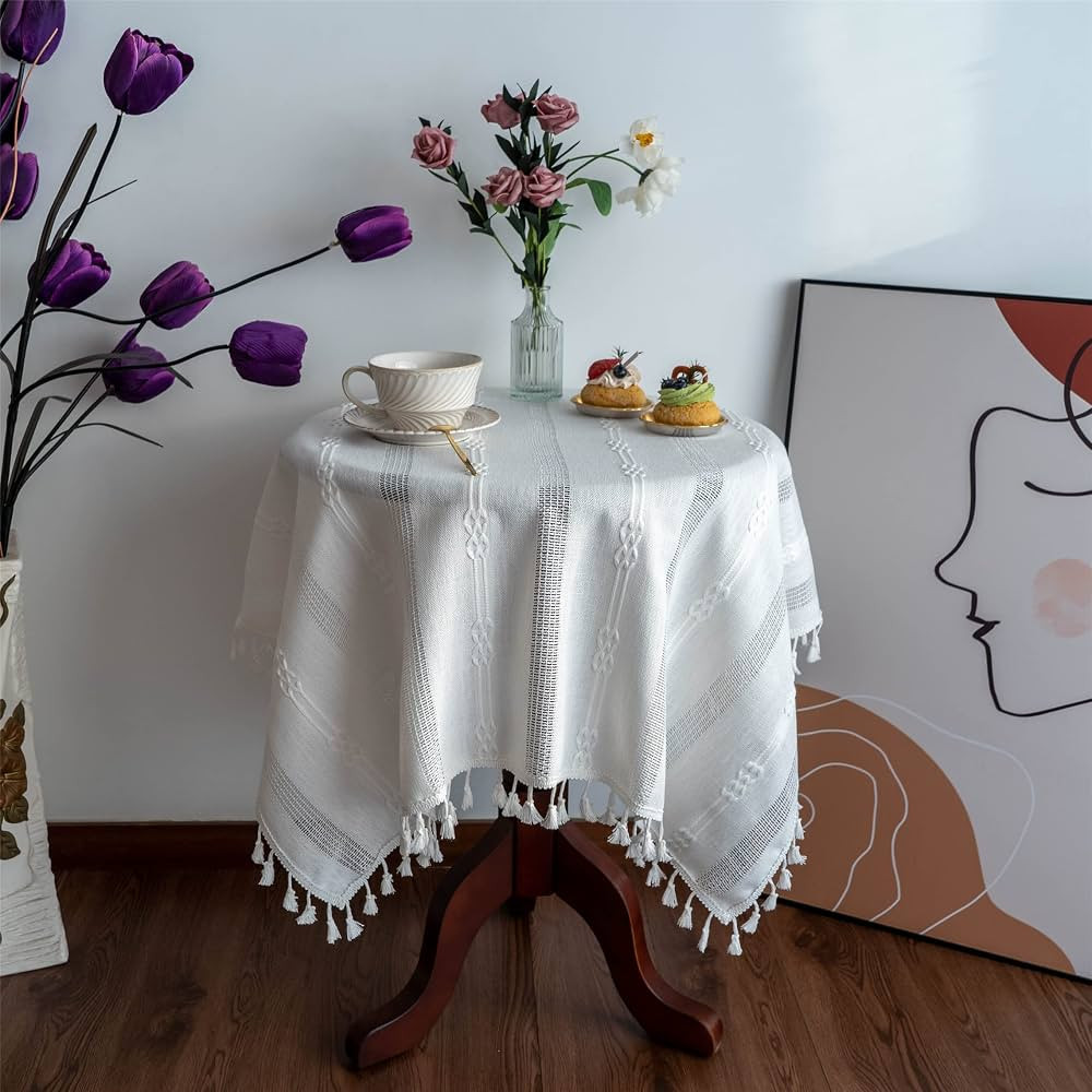 Gernaice Rustic Stripe Embroidered Tablecloth Heavy Small Square Tassel Cotton Linen Table Cloth ... | Amazon (US)