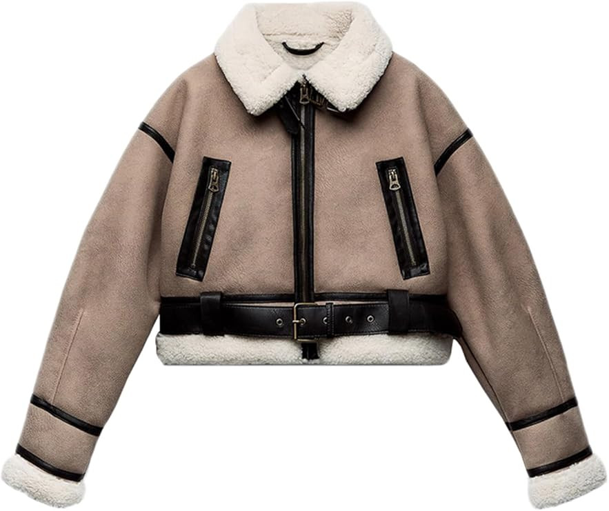 LY VAREY LIN Winter Women Faux Lamb Fur Leather Short Jacket Lapel Zipper Bomber Aviator Coat | Amazon (US)