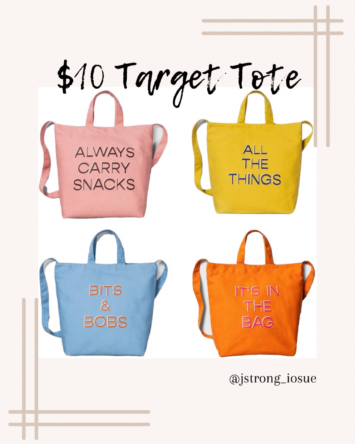 New at Target! Cute totes with different sayings on them. Lots of fun colors to choose from and only $10! 

#LTKstyletip #LTKunder50 #LTKFind