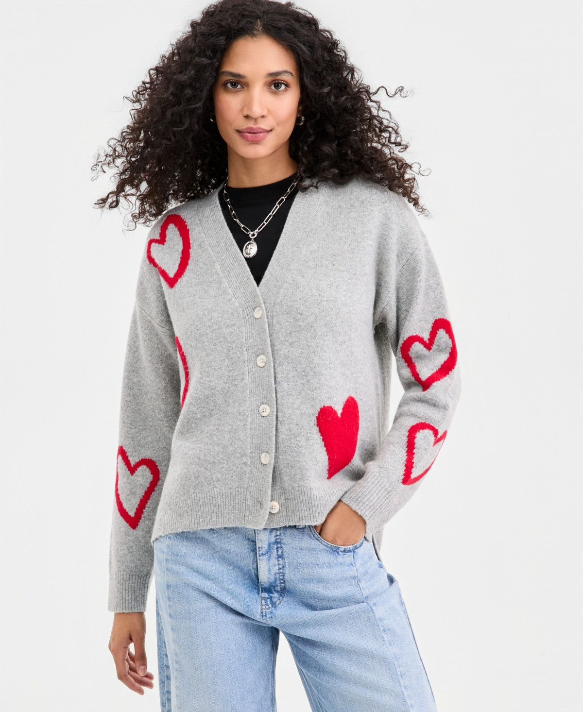 On 34th Women's Curved Hem Heart Cardigan, Macy's Exclusive - Light Grey Heather | Macy's