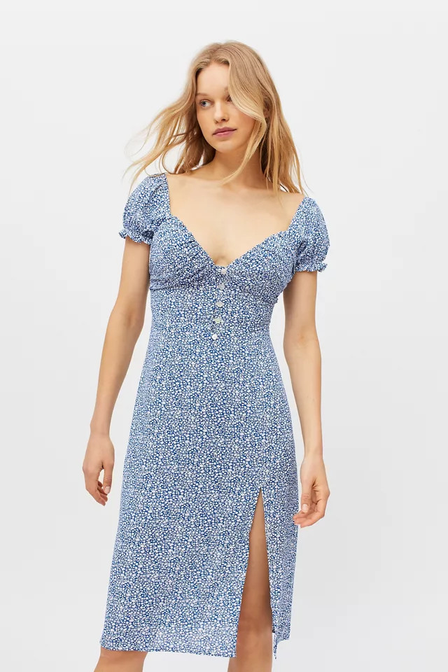 Kiss The Sky Floral Puff Sleeve Midi Dress | Urban Outfitters (US and RoW)