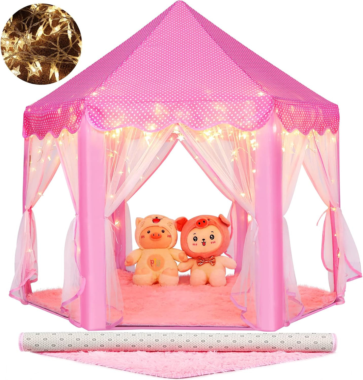 Monobeach Princess Tent Girls Large Playhouse Kids Castle Play Tent with Star Lights Toy for Children Indoor and Outdoor Games, 55'' x 53'' (DxH) (Pink Princess with Play Mat) | Amazon (US)