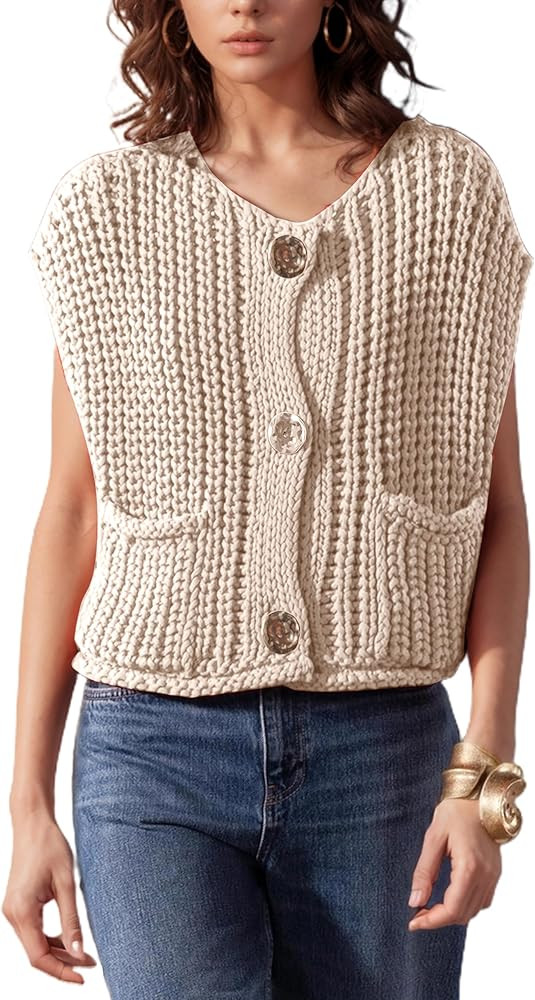 Womens Casual Chunky Knit Vest Gold Button Down Crop Crochet Sleeveless Sweater Vest | Amazon (US)