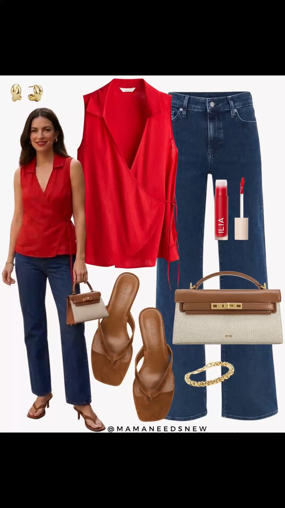 A summer outfit with a wrap sleeveless top, jeans, top handle bag and thong heels ❤️