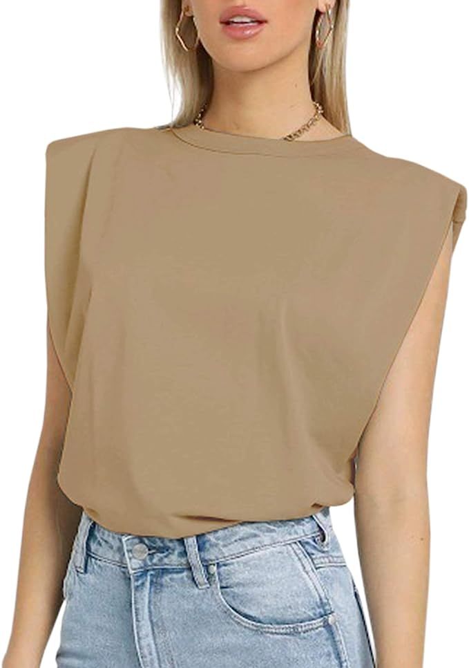 Meladyan Women’s Solid Cotton Padded Shoulder Sleeveless Tee Vest Crew Neck Loose Tank Tops | Amazon (US)