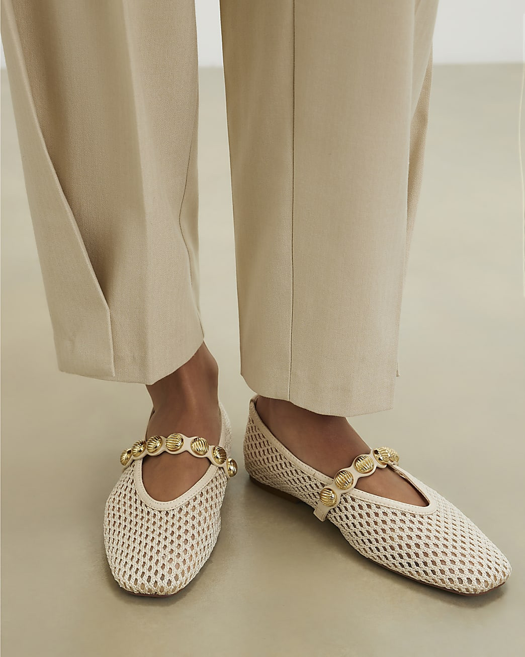Cream Crochet Ball Detail Ballet Pumps | River Island UK & IE