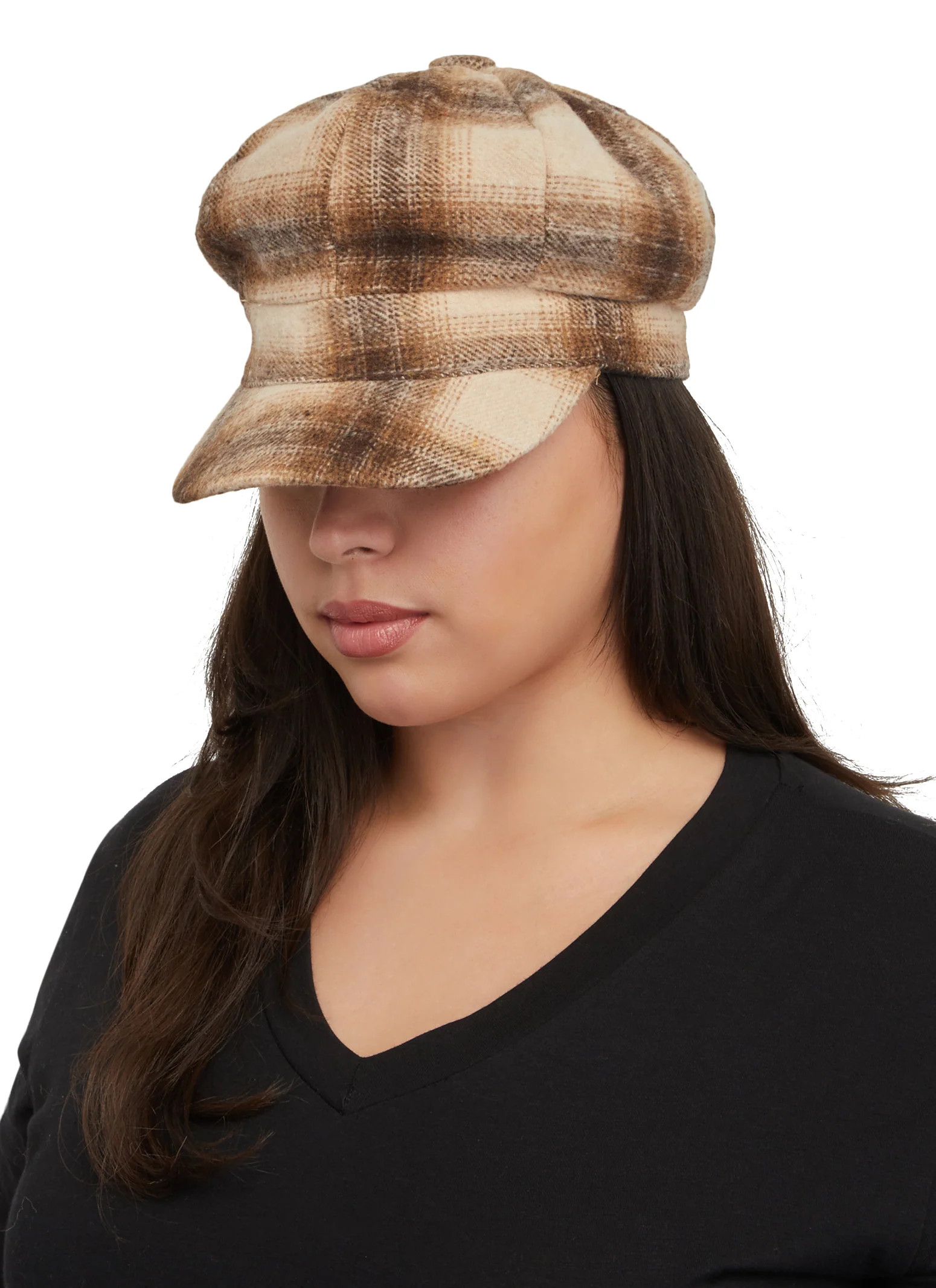 Plaid Wool Cabbie Hat  - Brown | Rainbow Shops