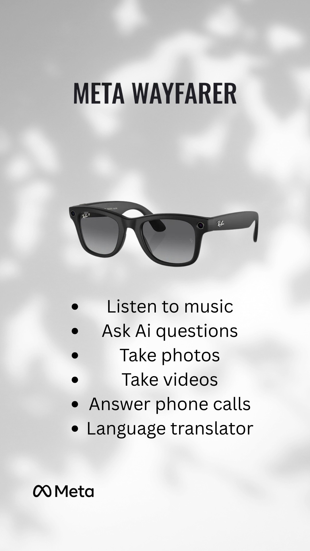 My newest obsession! Just bought the meta wayfarer sunglasses and they do so much! I opted for the matte black polarized ones but they have a few options to choose from. #meta #sunglasses #rayban #wayfarer #ltktech #technology

#LTKGiftGuide