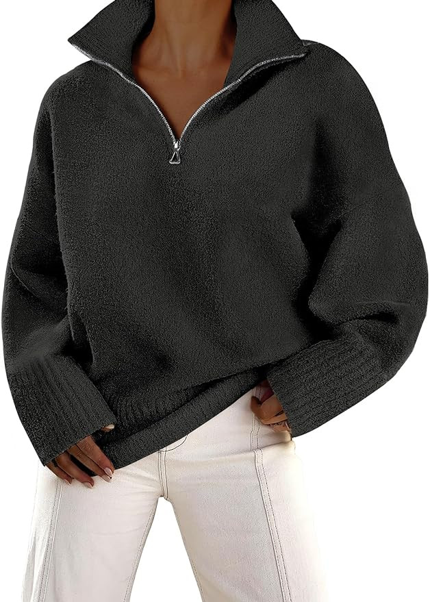 ANRABESS Women's Half Zip V Neck Oversized Sweater Fall 2023 Fuzzy Knit Chunky Warm Pullover Swea... | Amazon (US)