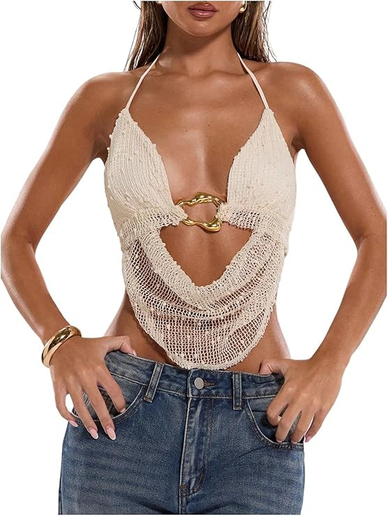 MakeMeChic Women's Y2k Crochet Halter Top Open Back Metal Ring Draped Front Summer Sequin Rave Pa... | Amazon (US)