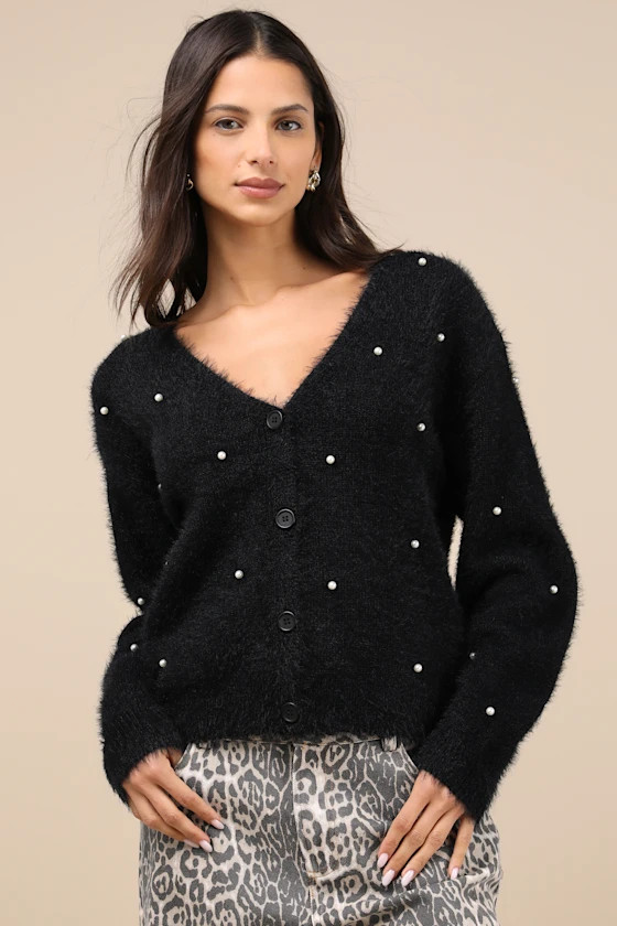 Chic Comforts Black Eyelash Knit Pearl Cardigan | Lulus
