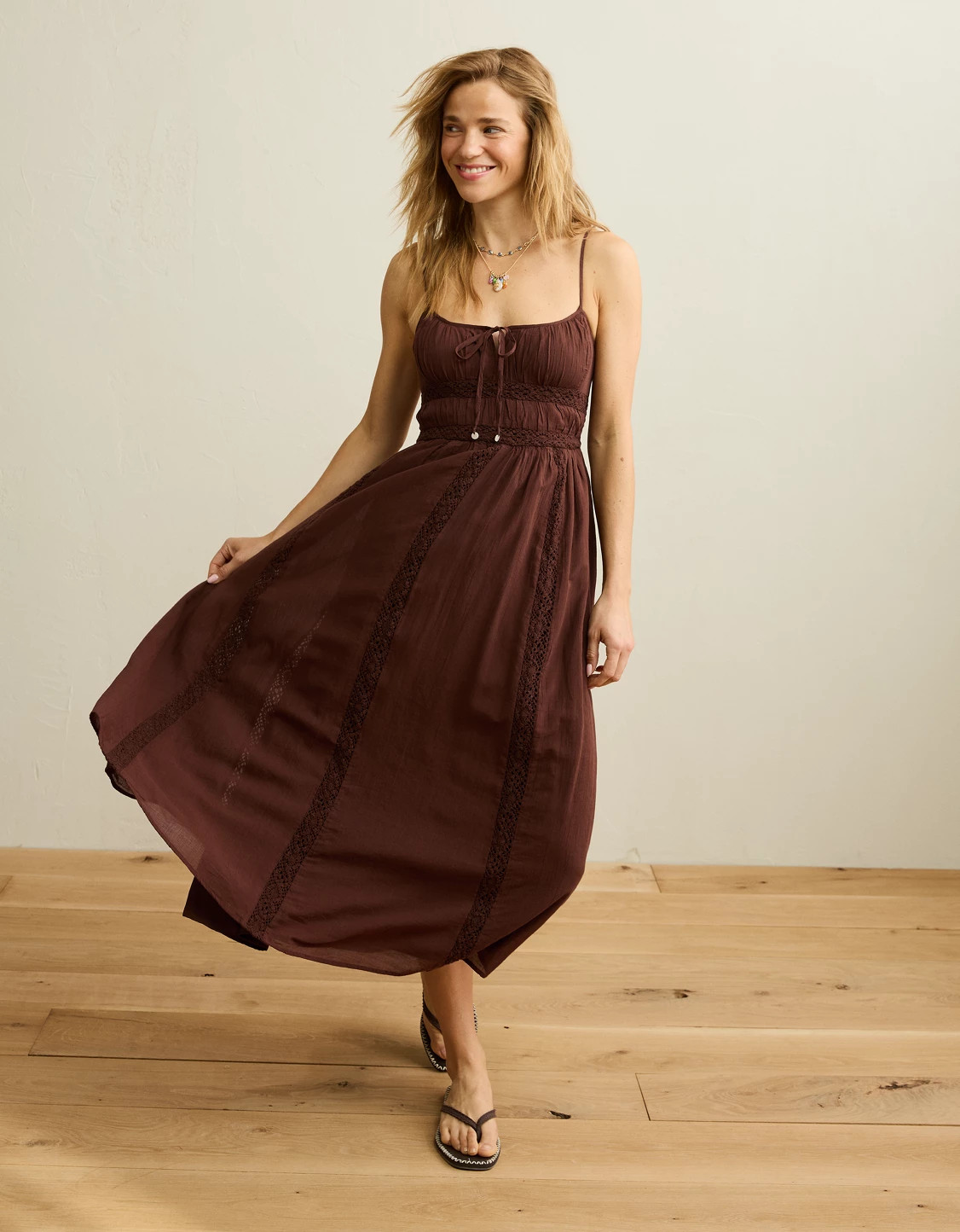 AE Tie-Front Lace Midi Dress | American Eagle Outfitters (US & CA)