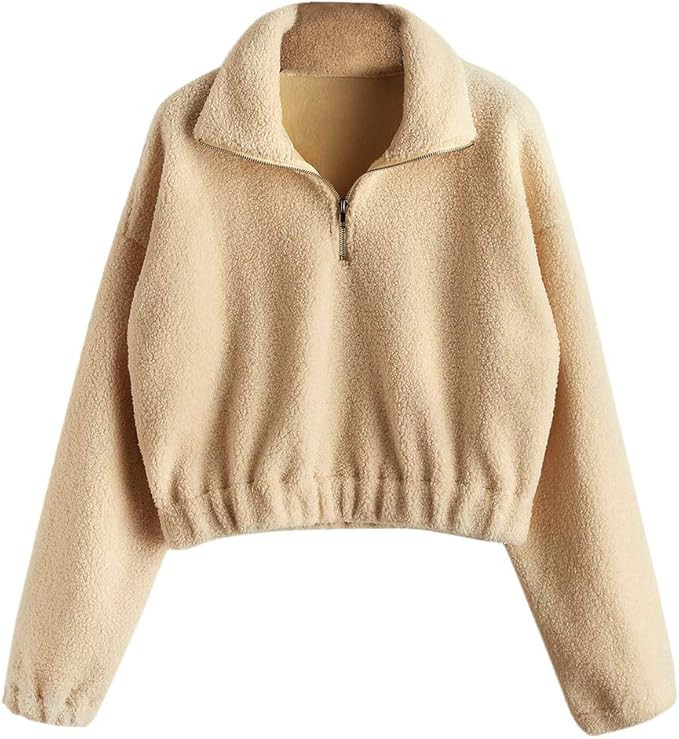 ZAFUL Women's Fashion Long Sleeve Lapel Half Zip Plain Faux Fur Sweatshirt Solid Color Crop Pullo... | Amazon (US)