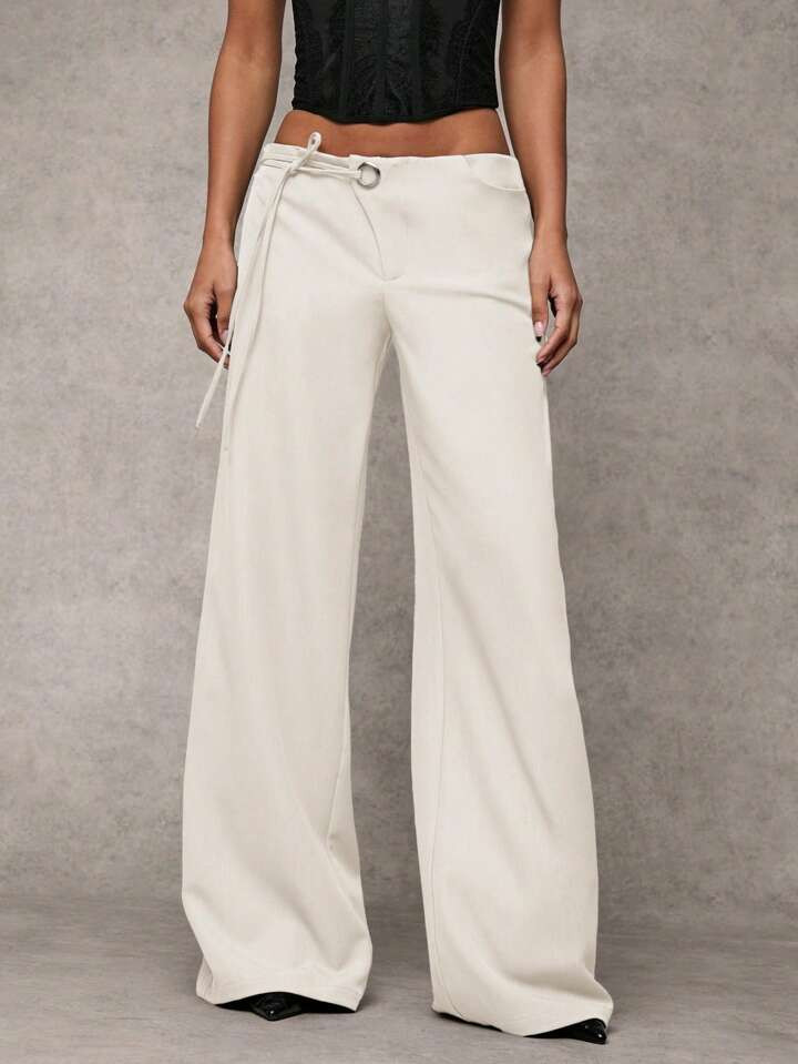 SHEIN BAE Women Solid Color Casual, Commute, Daily Loose Fit High-Waist, Eyelet Decor, Drawstring Waist, Wide Leg Relaxed Pants Work Pants | SHEIN