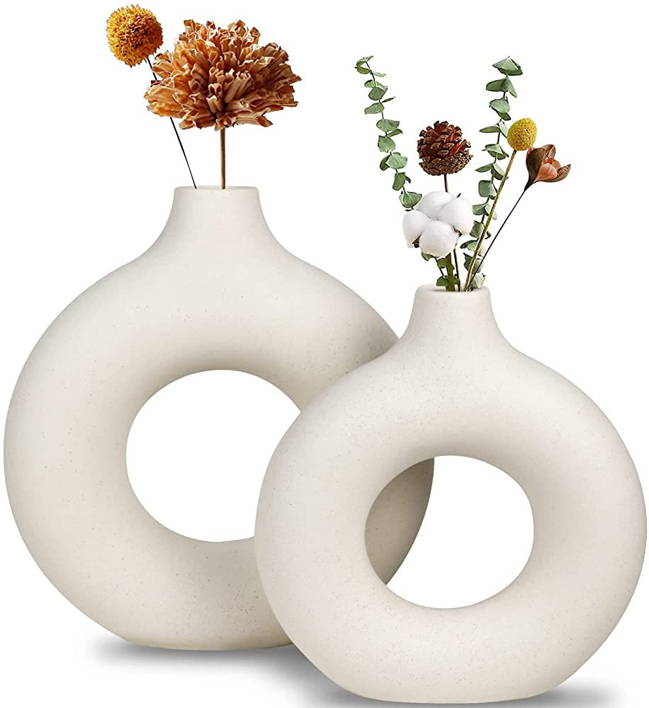 White Ceramic Vase, Modern Vase for Minimalist Decor, Hollow Round Matte Pampas Flower Vases for ... | Amazon (US)