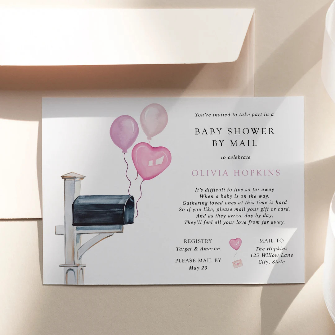 Pink Baby Shower by Mail Invitation, Long Distance Shower Printable, Balloons in Mailbox, Girl Ba... | Etsy (US)