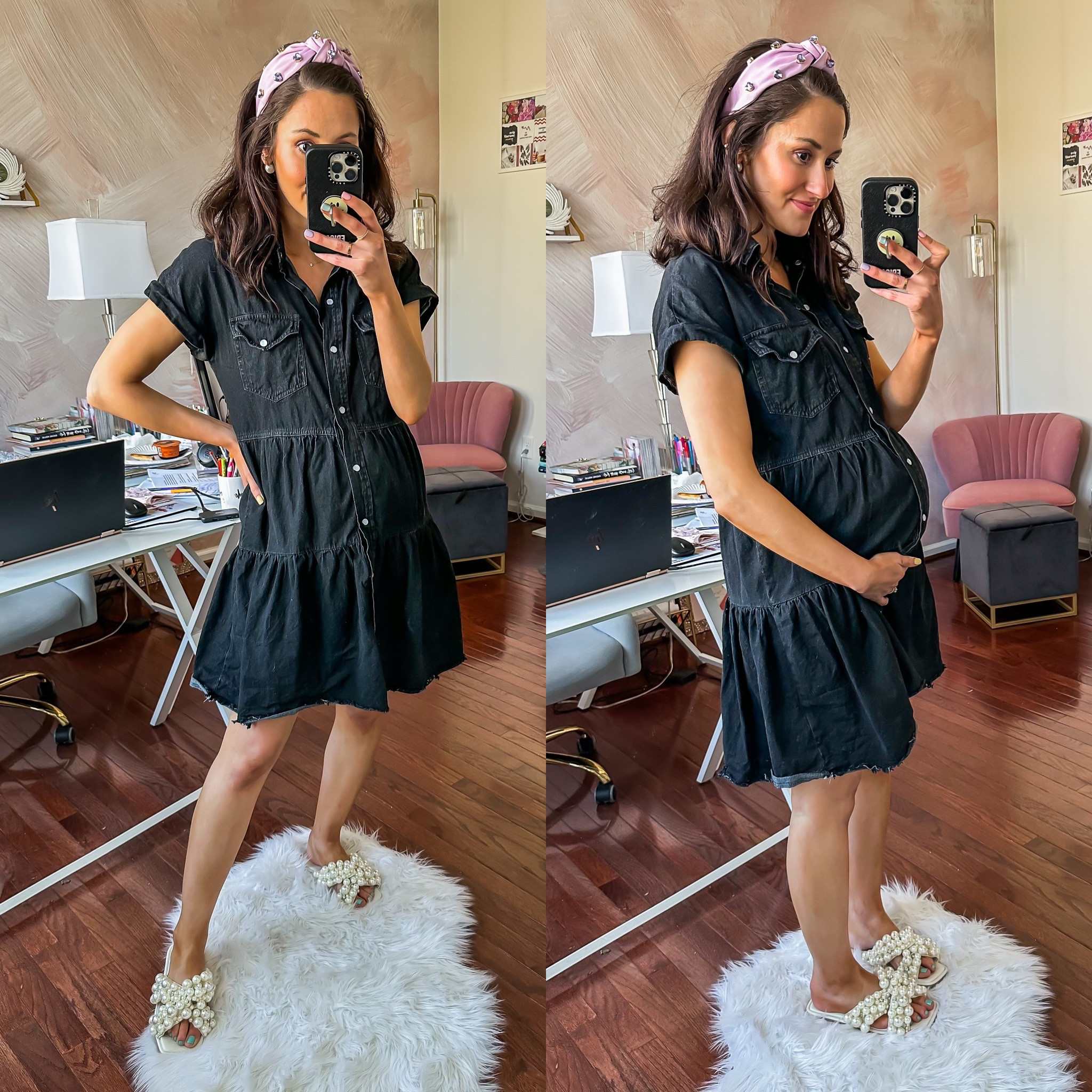 Tiered black denim dress BUMP FRIENDLY 🖤 Knotted headband // Steve Madden Pearl sandal slides // bridal shoes // bridal shower shoes

#LTKbump #LTKunder50 #LTKshoecrush