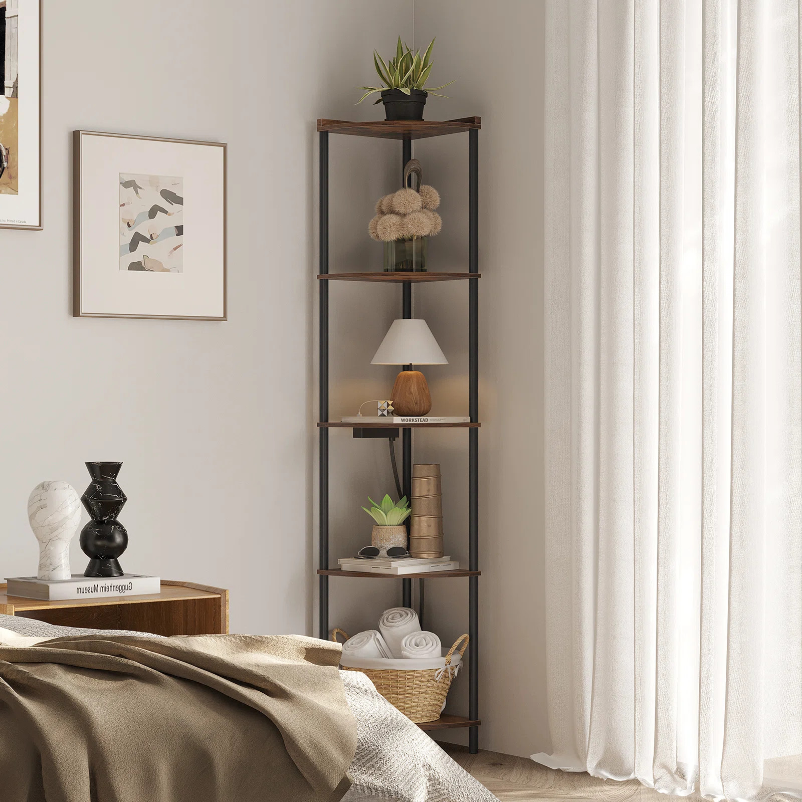 Tabithia 5 Tier Corner Shelf Stand Bookcase with USB Ports & Outlet | Wayfair North America