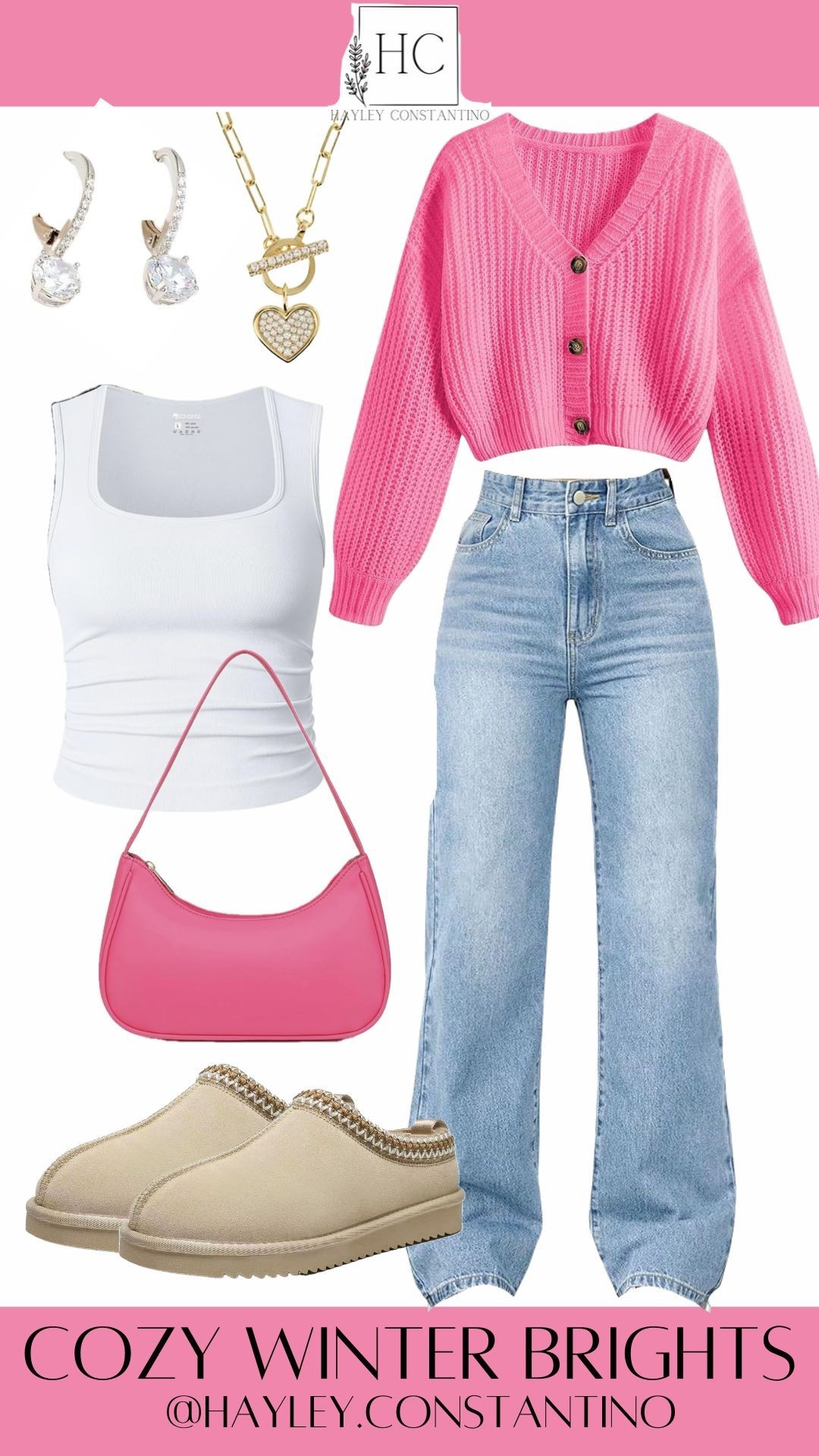 This outfit is pure winter happiness — cozy, bright, and effortlessly cool for BOTH moms and teens! The bubble-gum pink cropped cardigan brings all the cheerful vibes, layered over a sleek white tank for that comfy-cute feel. High-waisted light-wash jeans keep things relaxed yet flattering, while the beige slip-on mules add that “warm and snuggly but still chic” energy we all love on cold days. Finish it off with sparkly earrings, a sweet gold heart necklace, and a fun pink shoulder bag, and you’ve got the perfect mix of playful, casual, and stylish. It’s an easy, everyday look that feels joyful, comfortable, and confidence-boosting at any age! 💕✨

Perfect for school drop offs, Starbucks runs, Target strolls, brunch with the girls, casual date days, shopping trips, or anytime you want to feel cute without trying too hard. It’s the go-to winter outfit that keeps teens stylish, keeps moms feeling young and fun, and makes everyone feel fabulous all day long! 💗🔥
