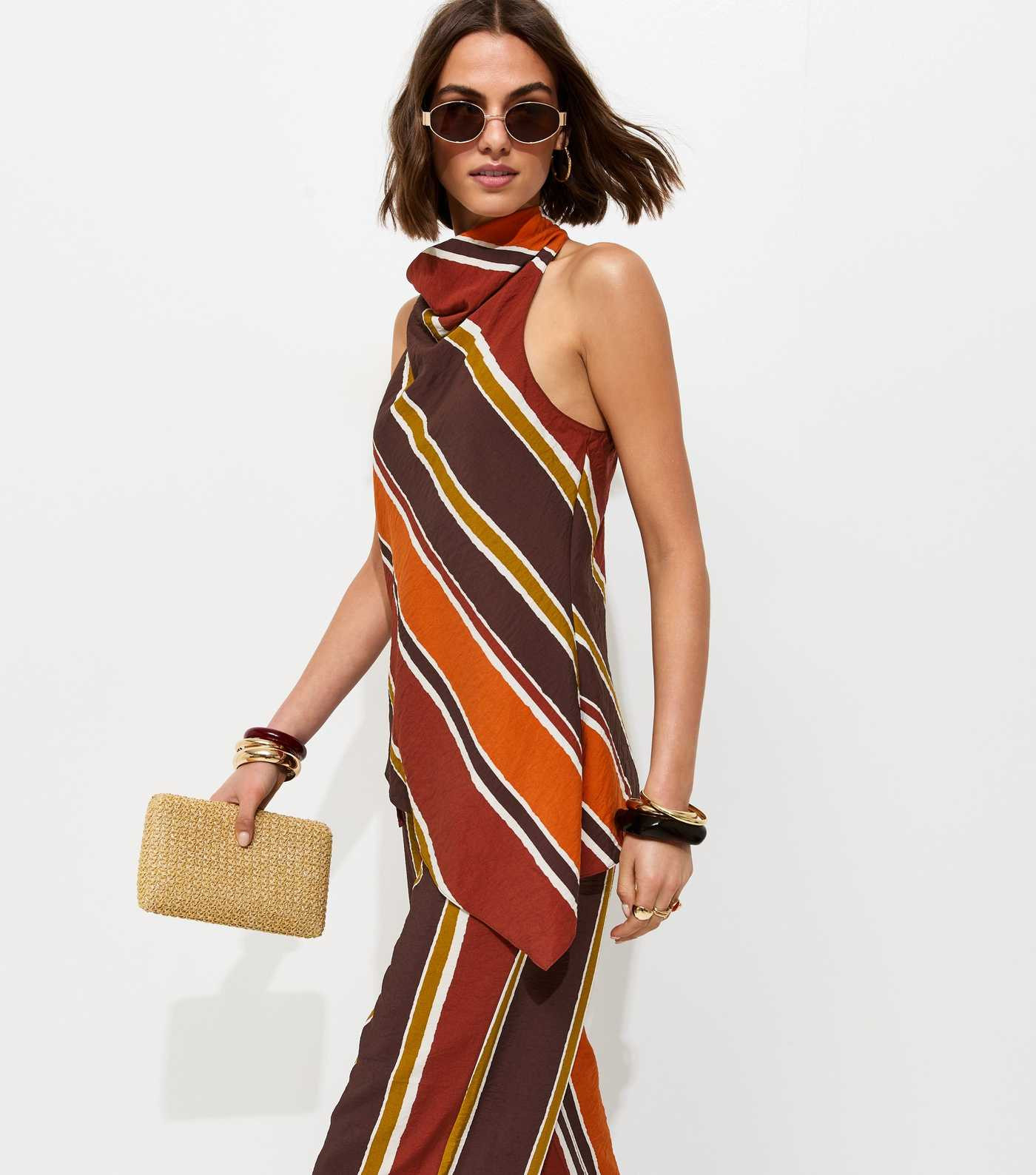 Brown Diagonal Stripe Cowl Neck Asymmetric Top | New Look | New Look (UK)