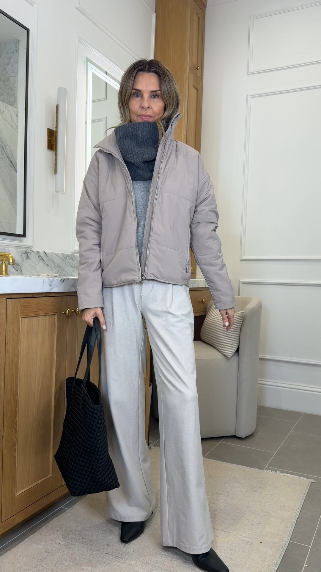 -Vuori jacket sz Small
-knit trousers TTS I’m 5’6”
-T-shirt TTS
-Boots TTS 
-woven bag has a zipper closure. 
-Cashmere neck warmer 

#LTKgrwm #LTKOver40 #LTKootd