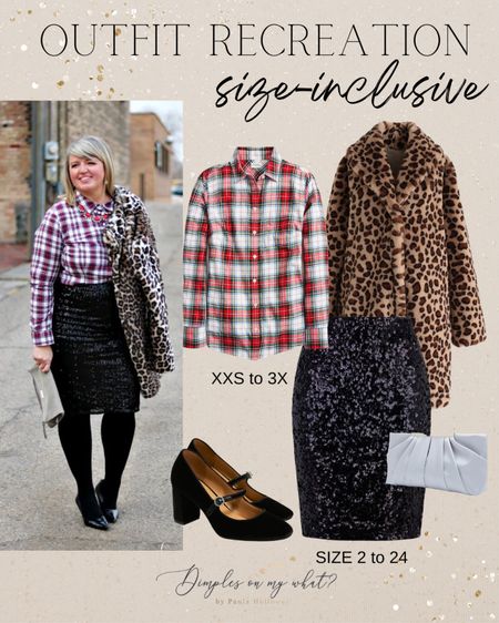 Size inclusive holiday outfit featuring a sequin skirt, red plaid shirt, and a leopard print coat. A plus-size holiday outfit. 

#plussizeholidayoutfit #plussizepartyoutfit #midsizepartyoutfit #jcrewfactory #sizeinclusive#amazonfashion #amazonplussizefashion

#LTKSeasonal #LTKplussize #LTKHoliday