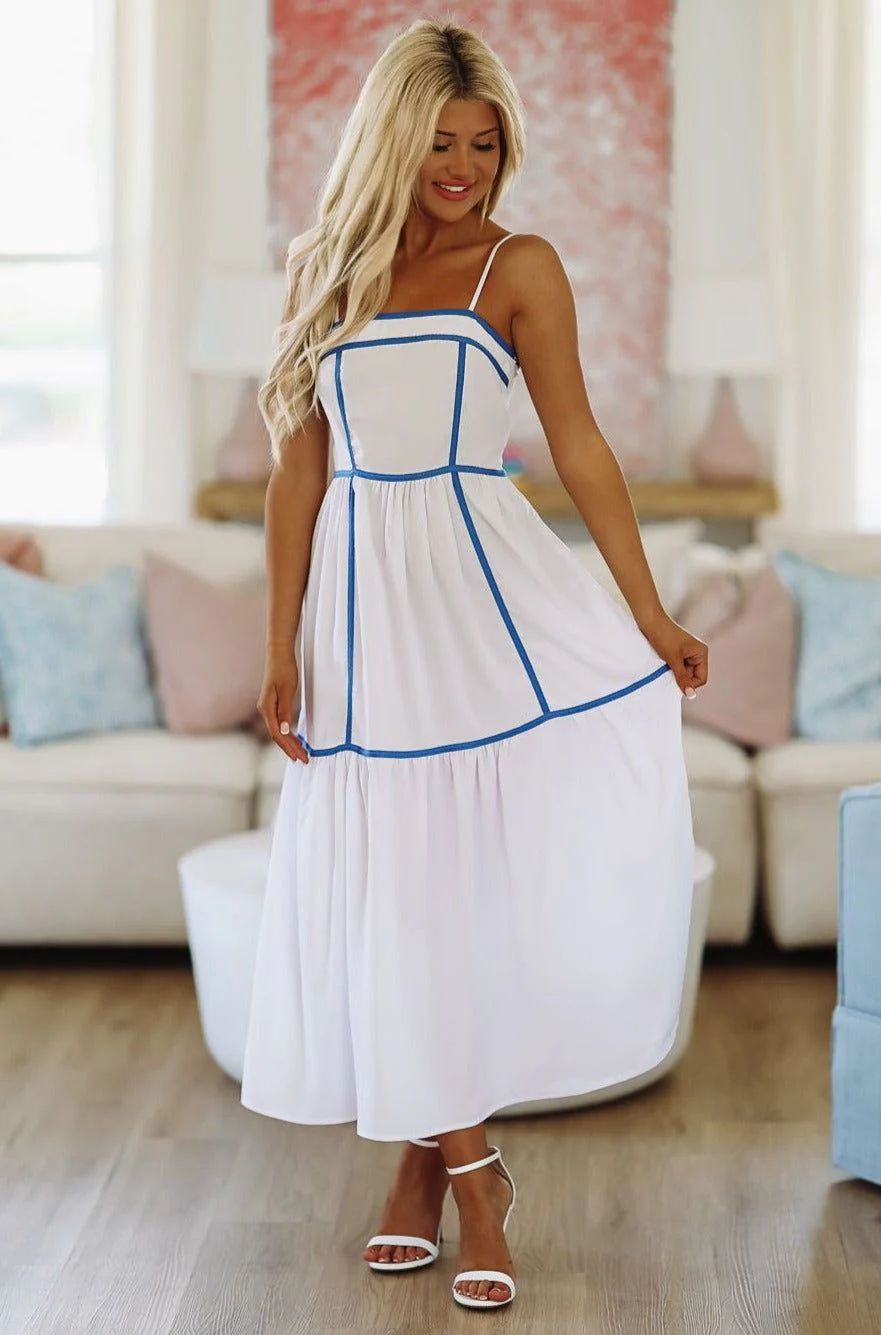Happiest in the Hamptons Midi Dress - White and Blue | Hazel and Olive
