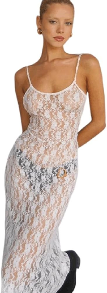 ANKOMINA Women Sexy Mesh See Through Floral Lace Dress Spaghetti Strap Backless Lace Up Long Maxi... | Amazon (US)