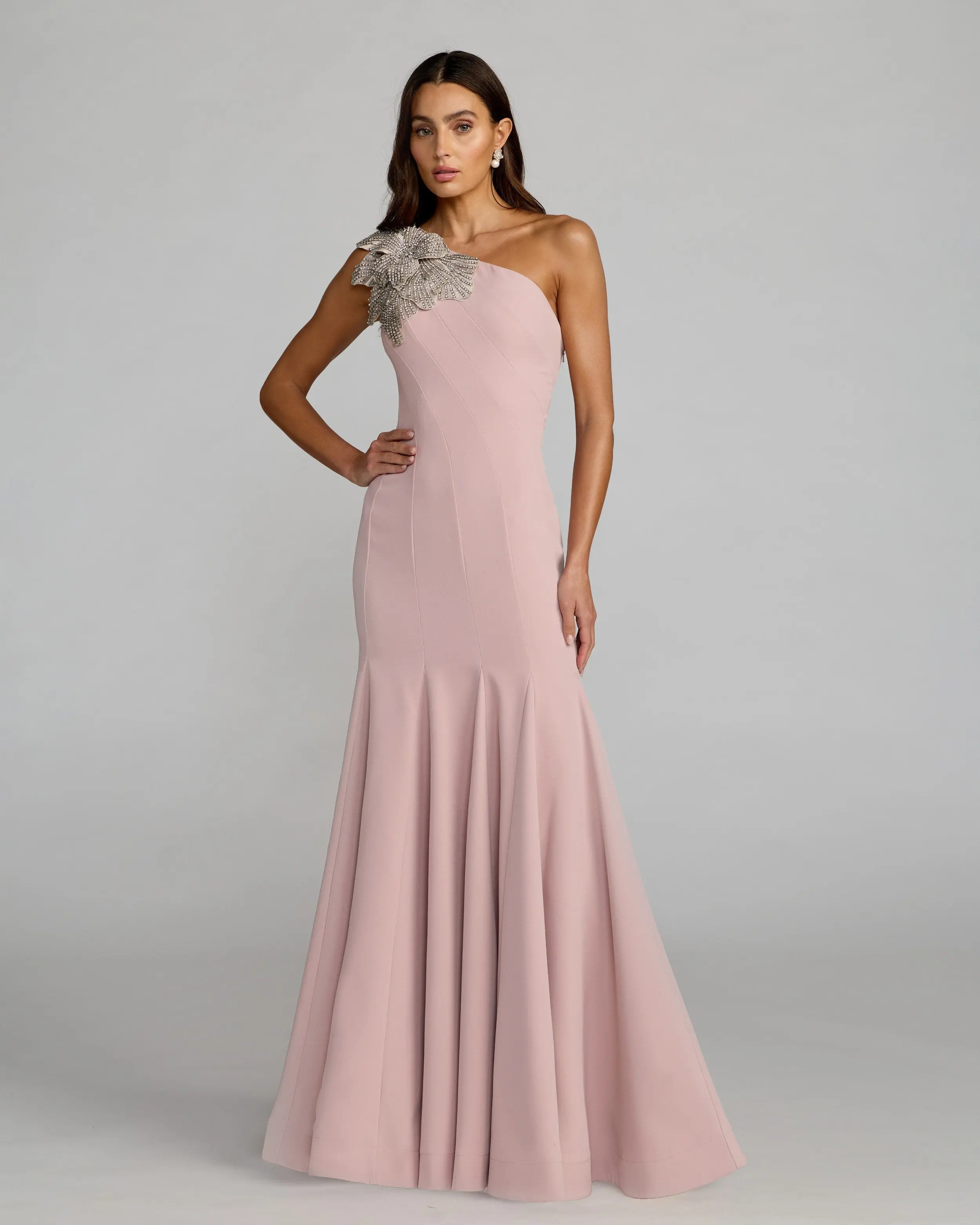 Pink Crepe One Shoulder Gown With Crystal Flower | Mac Duggal | Mac Duggal