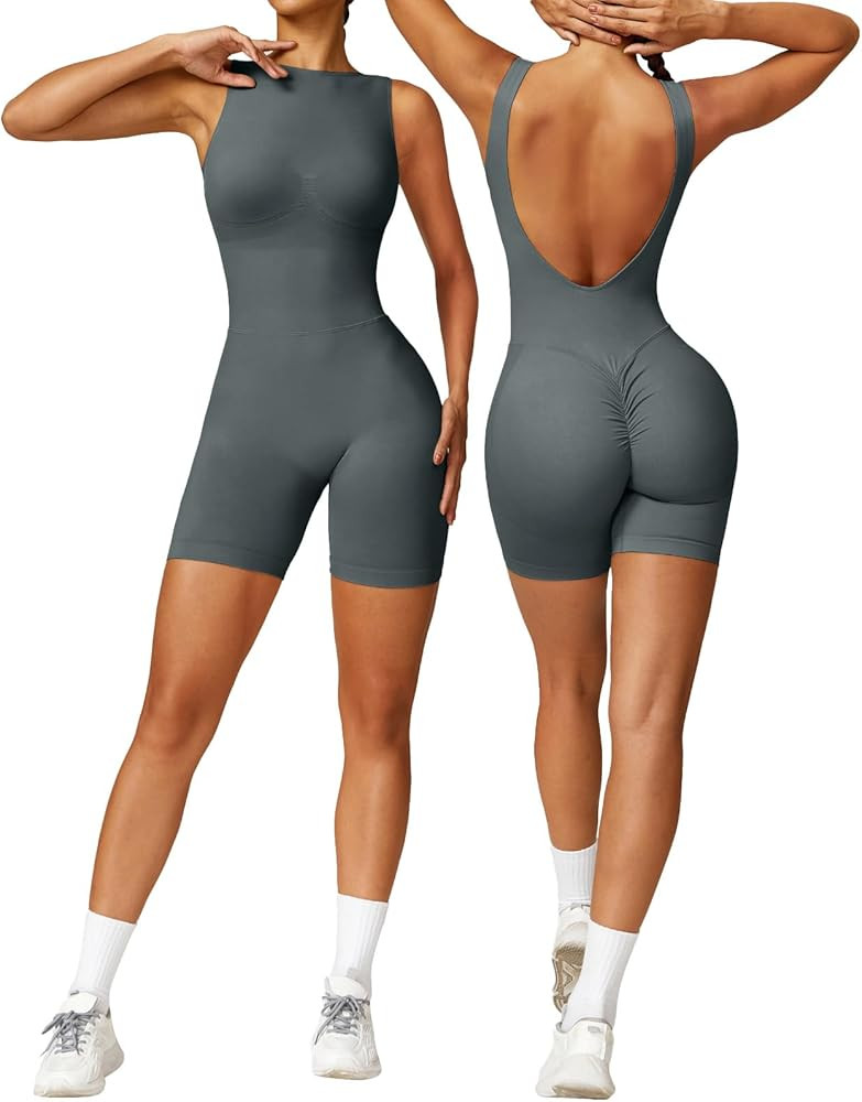 OEAK Scrunch Butt Jumpsuit Shorts for Women 2024 High Neck 5.5'' Booty Lift Short Unitard Backles... | Amazon (US)