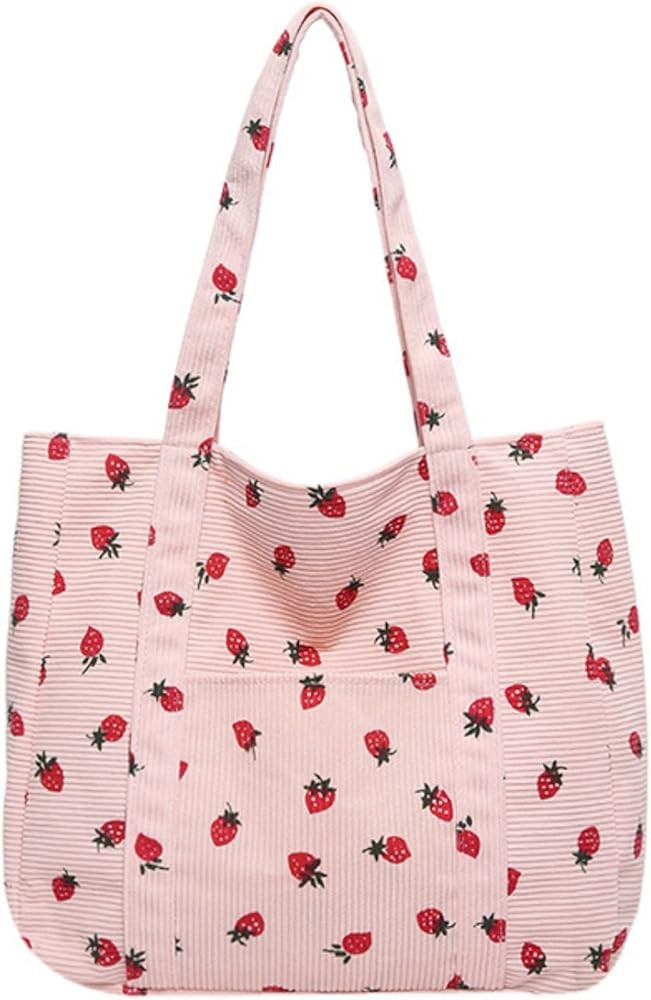 Komociya Strawberry Corduroy Tote Bag for Women, Aesthetic Tote Bag with Zipper, Casual Book Hand... | Amazon (US)