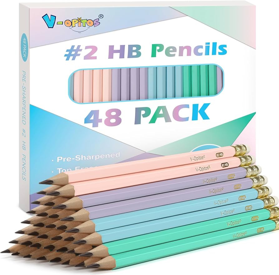 V-Opitos Wood-Cased #2 HB Pencils, 48 Pack Pre-Sharpened Pencils with Top Erasers, Bulk Pastel Co... | Amazon (US)