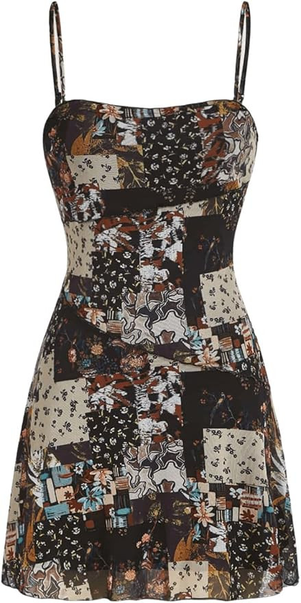 WDIRARA Women's Summer Boho Patchwork Print Spaghetti Strap Flared Short Cami Dress | Amazon (US)