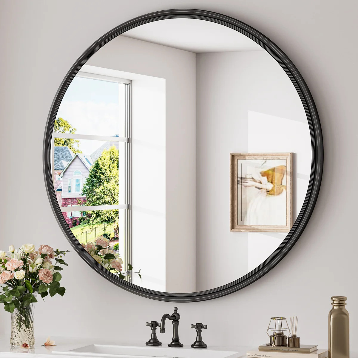 Round Bathroom Vanity Mirror with Tempered Glass, French Cleat and Aluminum Frame | Wayfair North America