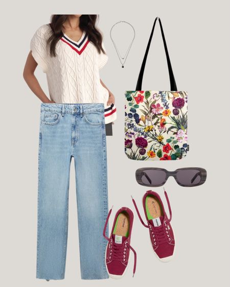 Simple college fit. Create a go-to outfit ideas with this chic simple fit of sweater, jeans and floral-printed tote.