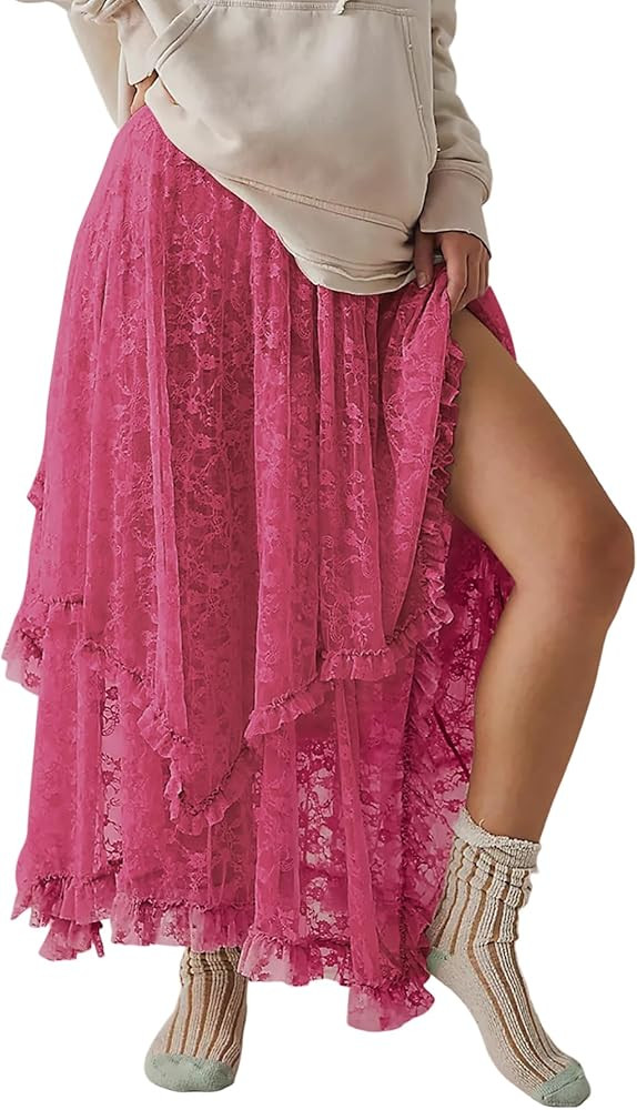 R.Vivimos Women Lace Long Skirts Summer Elastic Asymmetrical Layered Hem Sexy See-Through Beach F... | Amazon (US)