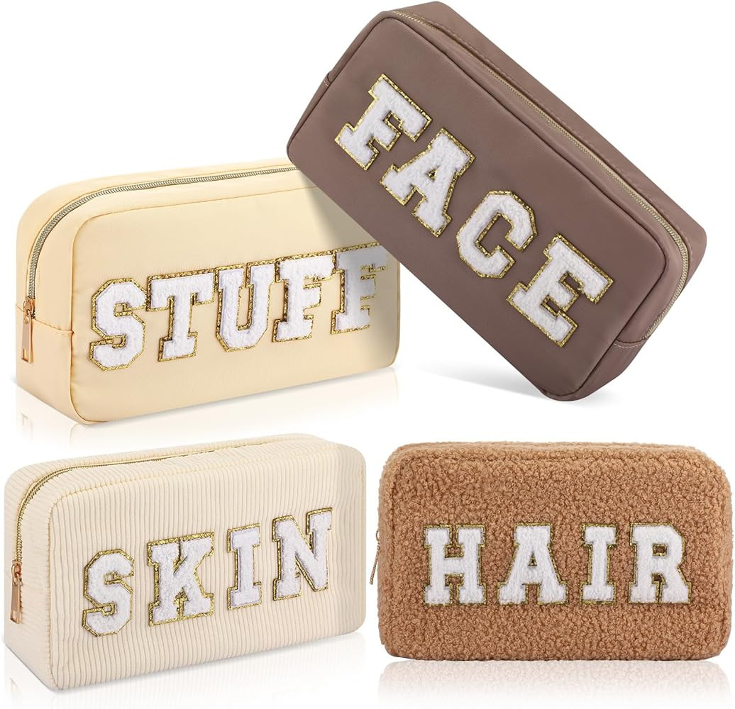Kajaia 4 Pcs Preppy Makeup Bags Chenille Letter Stuff Bag Cute Cosmetic Pouch Cases for Women Tra... | Amazon (US)