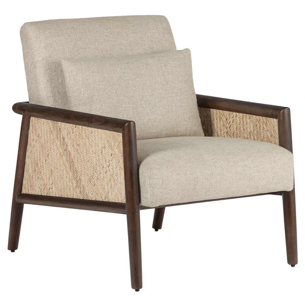Lando Coastal Beach Beige Upholstered Cane Wood Arm Chair | Kathy Kuo Home