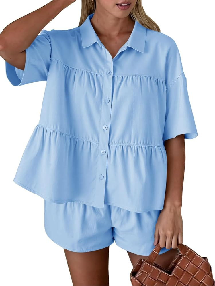 Cicy Bell Womens 2 Piece Outfits Summer Pleated Button Down Shirts High Waisted Shorts Lounge Set... | Amazon (US)