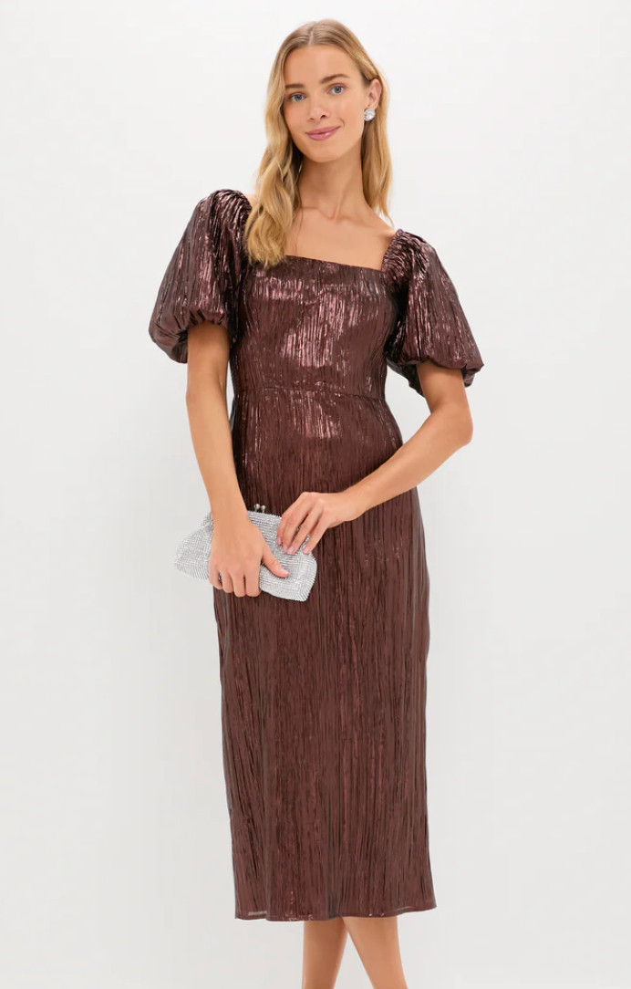 The Gladys Dress combines our favorite bronze color with a feminine silhouette, boasting puffed sleeves, a fitted bodice, and a flattering square neckline. The textured plisse fabric is equal parts playful and elegant, making it the perfect party dress to pair with heels and statement earrings! Holiday outfit. Thanksgiving.  

 #LTKHoliday #LTKSeasonal #LTKWorkwear