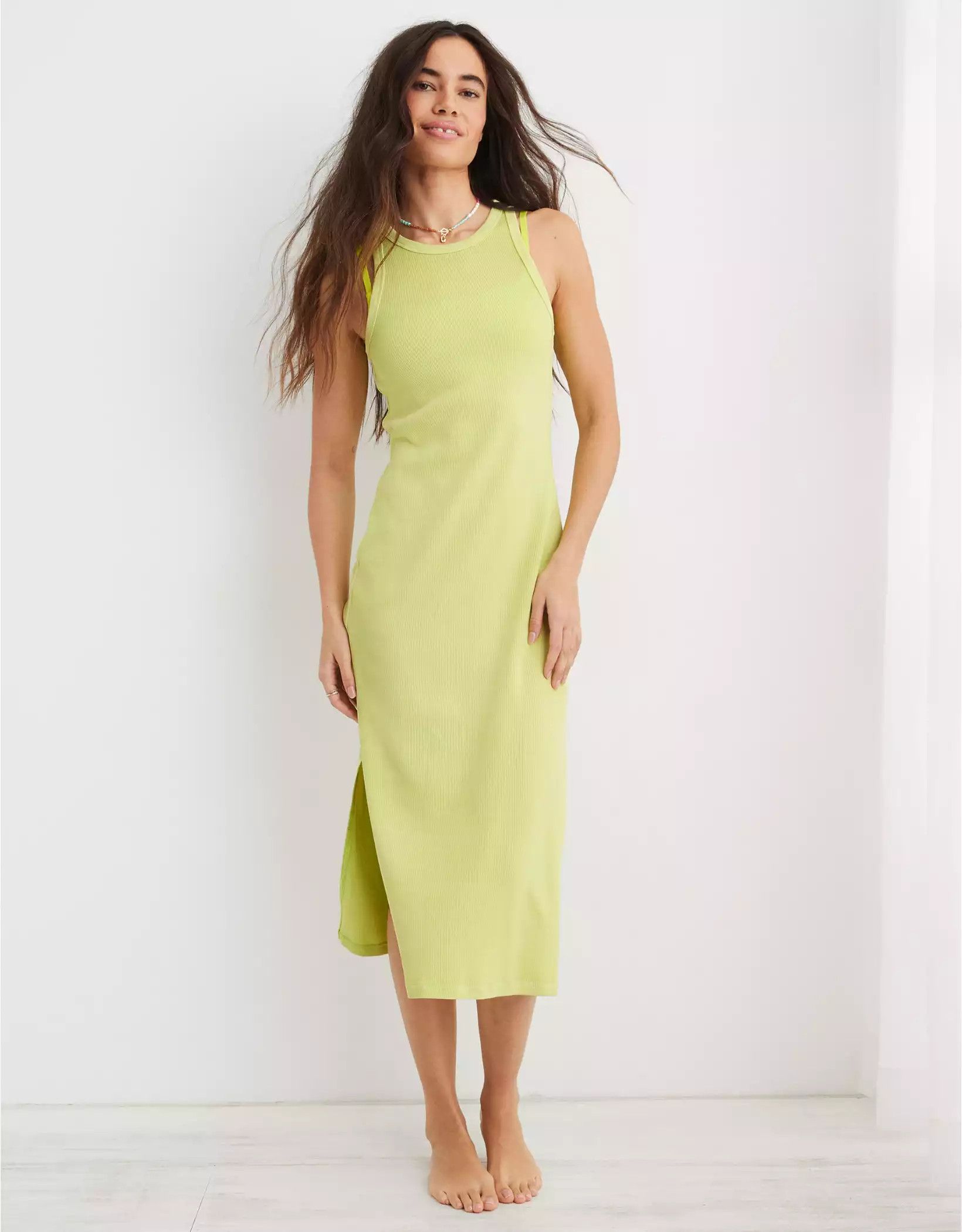 Aerie High Neck Ribbed Midi Dress | American Eagle Outfitters (US & CA)