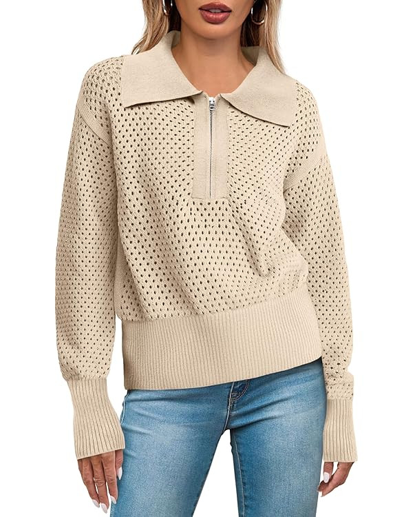 Women's Half Zip Pullover Sweaters Crochet Lapel Collar Long Sleeve Knit Solid Color Jumper Tops | Amazon (US)