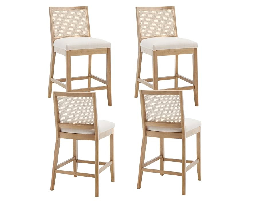 26 Inches Rattan Counter Stools Set of 4, Farmhouse Linen Fabric with Natural Wood Legs Counter H... | Amazon (US)