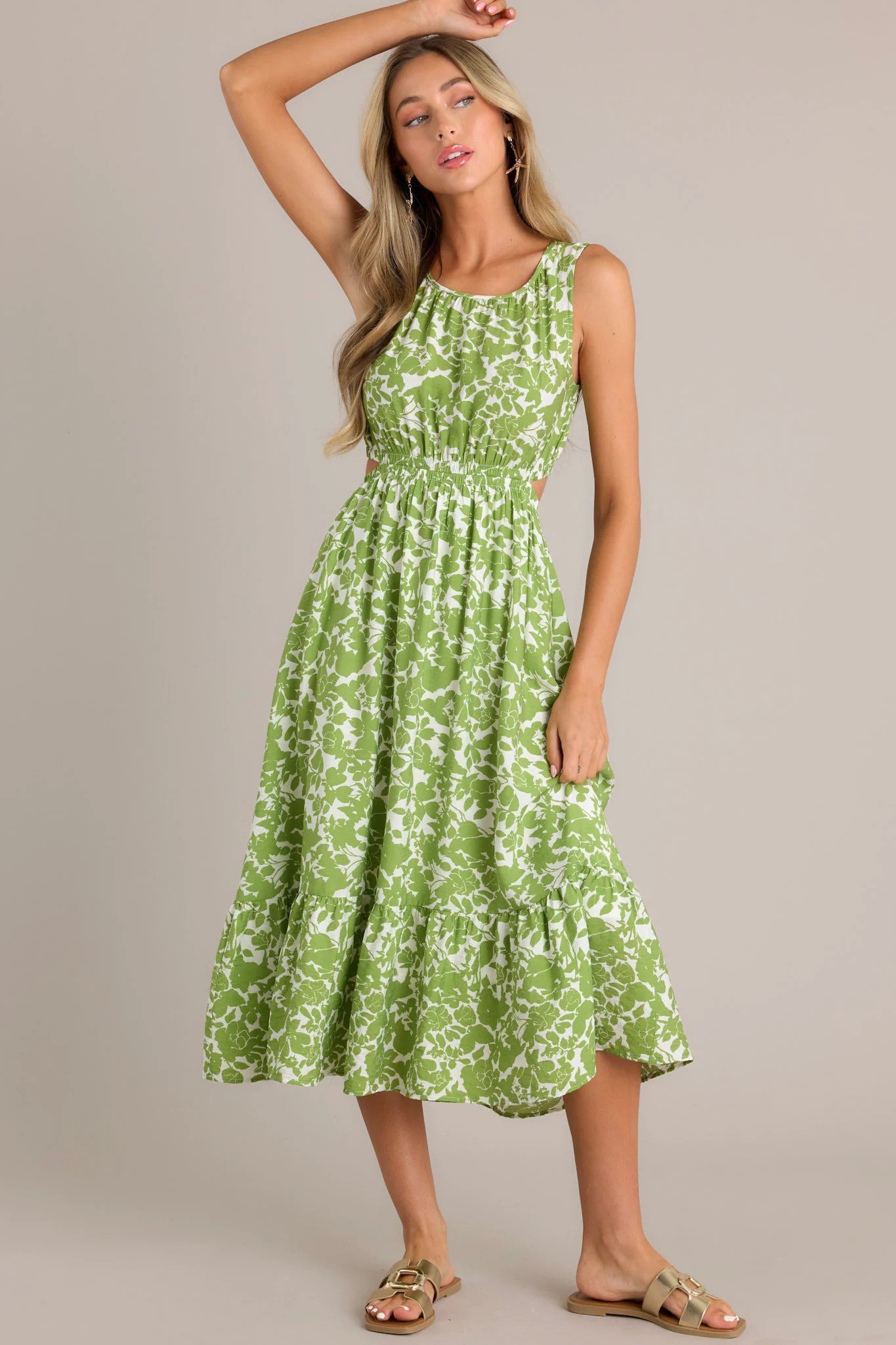 Nature's Charm Green Floral Cutout Midi Dress | Red Dress